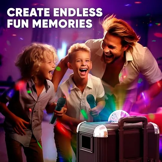 MASINGO Karaoke Machine for Adults and Kids with 2 Bluetooth Wireless Microphones. Portable Singing PA Speaker System with Disco Ball Party Lights, Lyrics Display Tablet Holder & TV Cable. Soprano X1