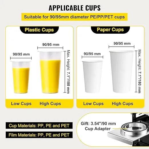 VEVOR Semi-automatic Cup Sealing Machine, 300-500 Cup/h Tea Cup Sealer Machine, Black Boba Cup Sealer Machine, 90/95mm Cup Diameter Boba Cup Sealing Machine with Control Panel for Bubble Milk Tea