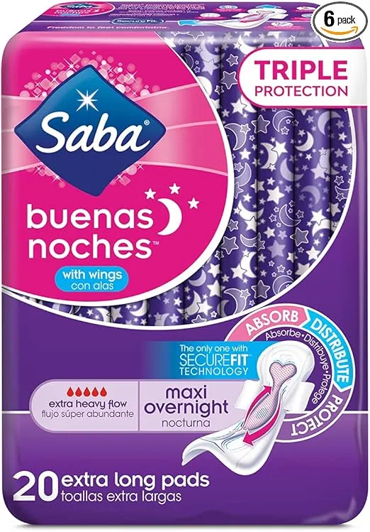 Saba Buenas Noches Overnight Maxi Pads with Wings, Built for Absorption Distribution and Protection, The Ultimate Overnight Feminine Care Pad for Women, 60 Pads 120 Count (6 Packs of 20)