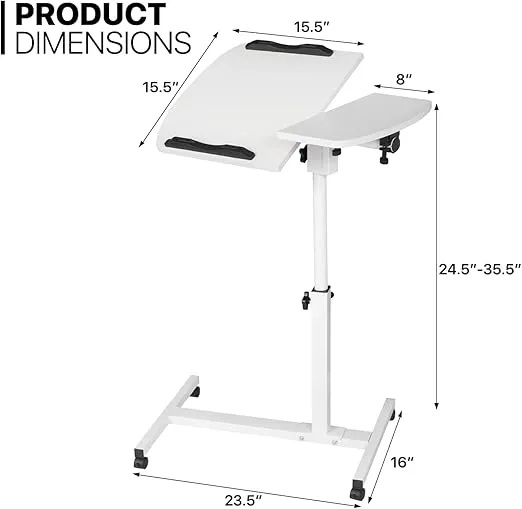 MoNiBloom Mobile Laptop Desk 75° Tiltable Height Adjustable Rolling Laptop Sofa Bed Side Table Couch Computer Desk Stand with Wheels for Home Office Classroom, White
