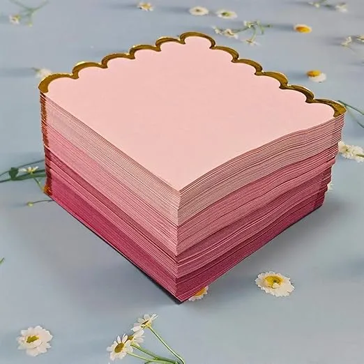 100 pack Pink Mix Cocktail Napkins with Gold Foil Accents Scalloped Edges 5 x 5 inch Beverage Disposable Napkin Party Decoration Wedding Bridal and Baby Shower Dinner Lunch Supplies