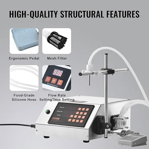 VEVOR Liquid Filling Machine 5-650ml, Automatic Bottle Filling Machine, Paste Filling Machine Peristaltic Pump Digital Control for Milk, Water, Wine, Beverage, Soy Sauce (Single Nozzle)