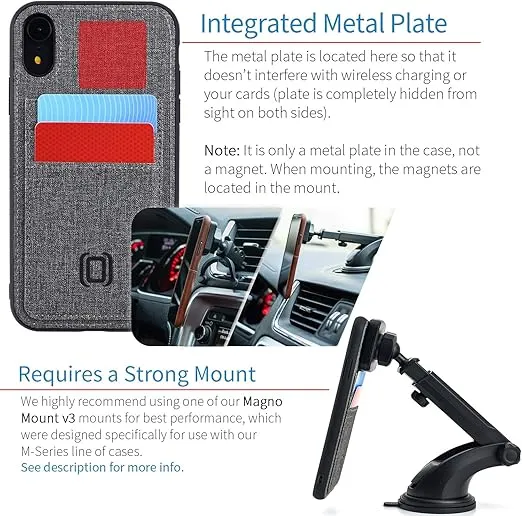 Dockem Luxe M2T Wallet Case for iPhone XR (6.1"): Built-in Invisible Metal Plate for Magnetic Mounting with Canvas Style Synthetic Leather 2 Card Slots [Grey]