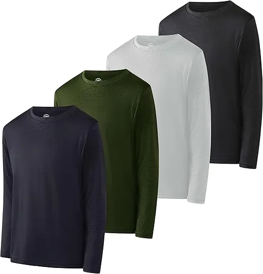 Real Essentials 4 Pack: Boys Youth Dry-Fit Moisture Wicking Active Athletic Performance Long-Sleeve T-Shirt