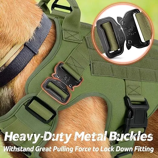 rabbitgoo Tactical Dog Harness for Large Dogs, Heavy Duty Dog Harness with Handle, No-Pull Service Dog Vest Large Breed, Adjustable Military Dog Vest Harness for Training Hunting Walking, Green, XL
