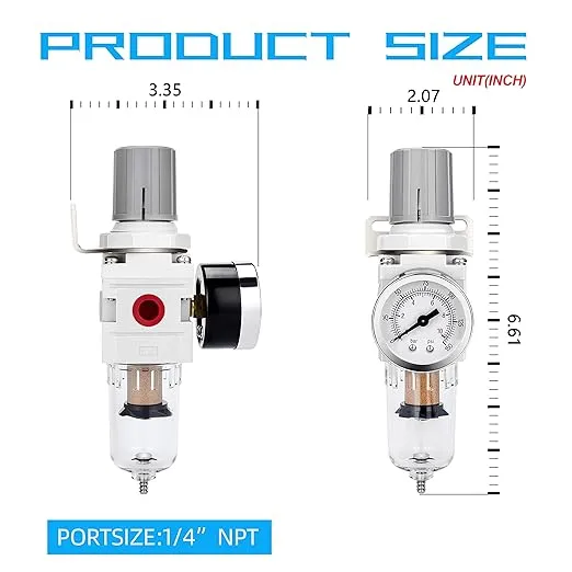 NANPU 1/4" NPT Compressed Air Filter Regulator Combo Piggyback, 5 Micron Brass Element, Poly Bowl, Semi-Auto Drain, Metal Bracket, 0-150 psi Gauge