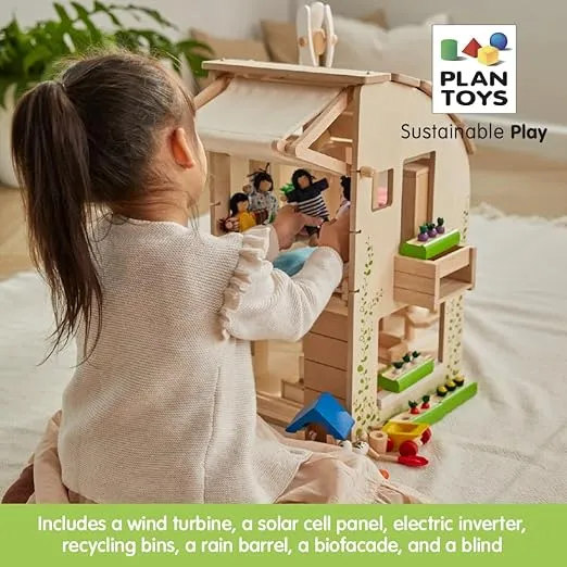 PlanToys Green Wooden Dollhouse with Furniture - Chemical-Free Green Toy Featuring 18 Wooden Furtniture Set
