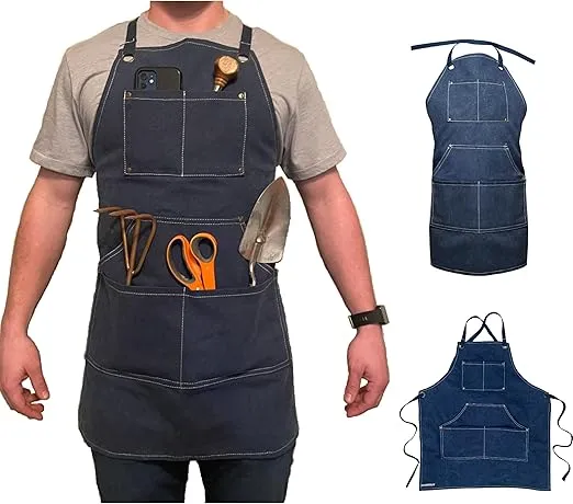 Canvas Apron with Deep Pockets and Adjustable Cross Back Straps - Heavy Duty Durable - Gardening Tool Work BBQ Shop Woodworking Kitchen Aprons - Women Men