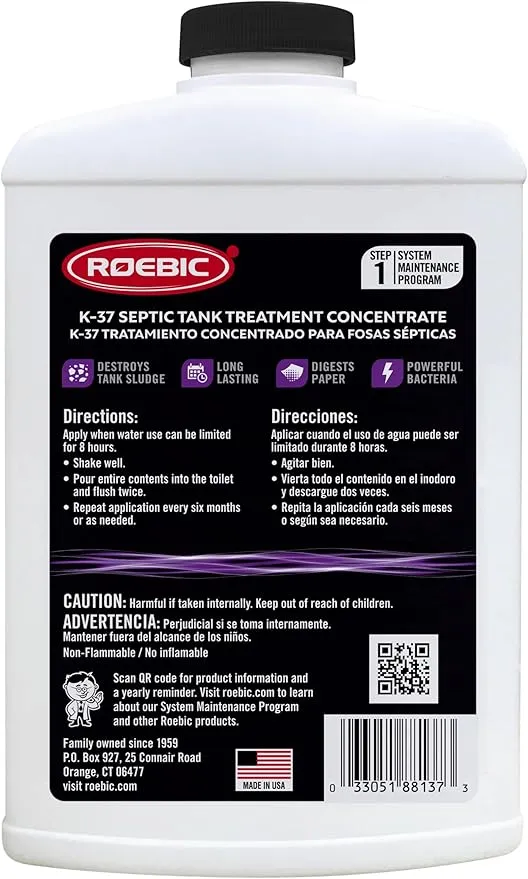 Roebic K-37-Q-C1500-4 Septic Tank Treatment: 32 oz, 16 oz Concentrate, Safe for All Plumbing Systems, Colorless Formula