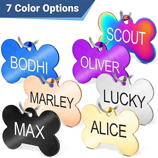 GoTags Stainless Steel Pet ID Tags with Paw Cutout, Personalized Dog Tags and Cat Tags, up to 6 Lines of Custom Text, Engraved on Both Sides in Bone, Round, and Heart (Round, Regular)