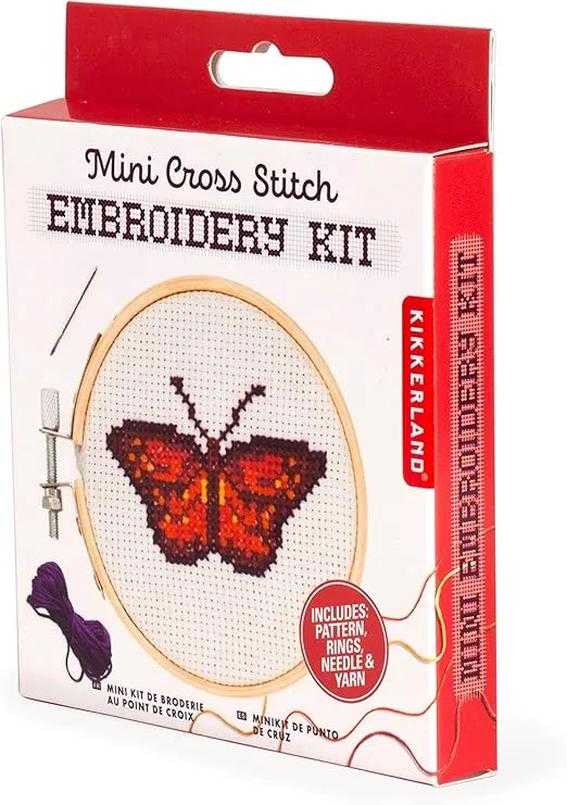 Kikkerland DIY Mini Cross Stitch Butterfly Embroidery Craft Starter Kit Set, with Pattern Instructions, 3" Bamboo Hoop, Stress Relief, Adult Beginner Friendly