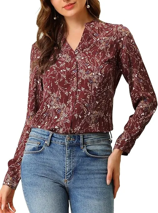 Allegra K Women's Chiffon V Neck Long Sleeve Tunic Top Casual Office Floral Button Up Blouse