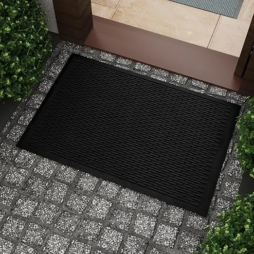 Indoor/Outdoor Hose-Wash Ribbed Design Non-Slip Rubber 2x3 Modern Entryway Mat for Entryway, Patio, Backyard, Garage, 24" x 36", Black Ribbed
