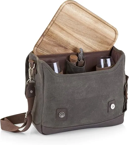 LEGACY - a Picnic Time Brand Adventure Wine Tote Glasses and Mini Table, 2 Bottle Picnic Bag, (Khaki Green with Brown Accents)