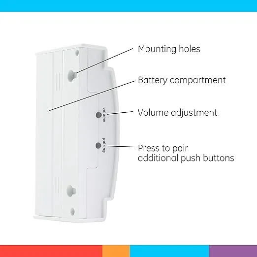 GE Wireless Doorbell Kit,Battery-Operated Receiver,1 Push Button door bell,2 Melodies,4 Volume Levels doorbell chime,classroom doorbell,150 Ft Range,Mountable,White,19247