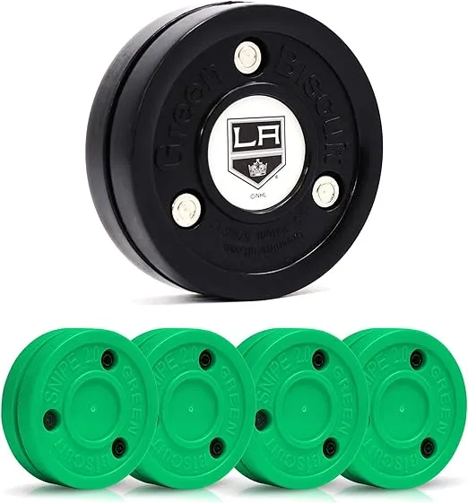 Green Biscuit 4-Pack Snipe New 2.0 Off Ice Hockey Pucks with 1 NHL Puck, Street Hockey Puck for Stickhandling and Shooting Practices - Official