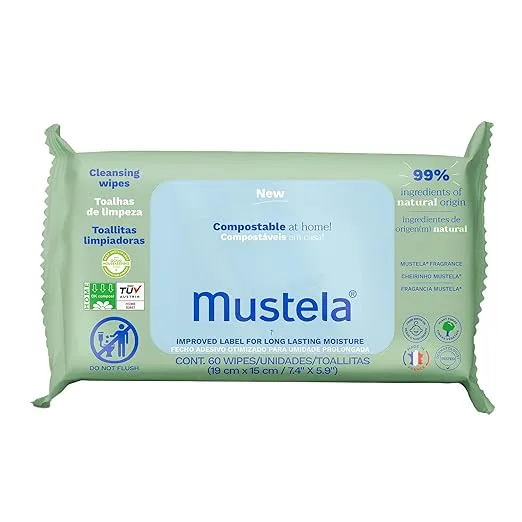 Mustela Baby Home Compostable Cleansing Wipes - For Face, Body & Diaper Area - 99% ingredients of natural origin & plant-based fibers - For all skin types - Fragrance Free Version & Various Sizes