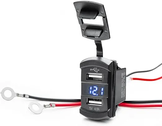 SuperATV 12V USB Outlet Charger and Voltmeter for UTV/ATV | Universal Fit | 12-24 V Input | Dual Charging Ports | Charge Phone Quickly | Water Resistant Rubber Plugs | Wiring Harness Included