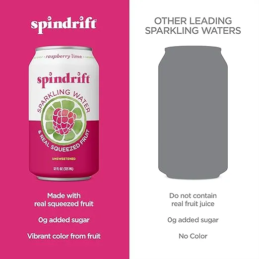 Spindrift Sparkling Water, Raspberry Lime Flavored, Made with Real Squeezed Fruit, Only 9 Calories per Can, 12 Fl Oz Cans, Pack of 24