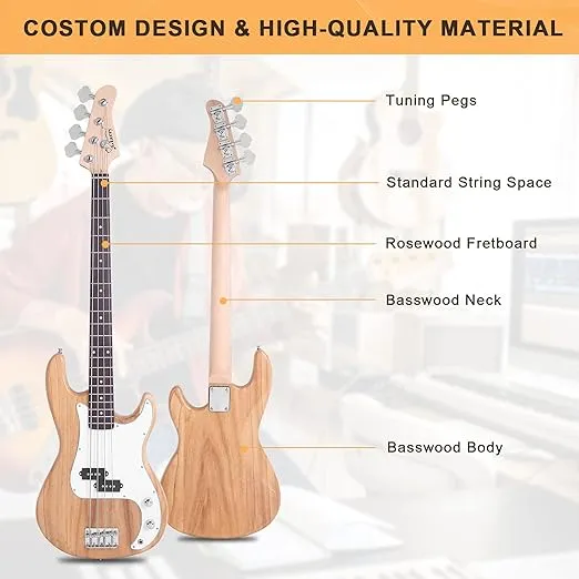 GLARRY Full Size Electric Bass Guitar with 20W AMP, 4 String Beginner Starter Kit with Accessories including Cable, Strap, Bag for Kids and Adults (Burly Wood)