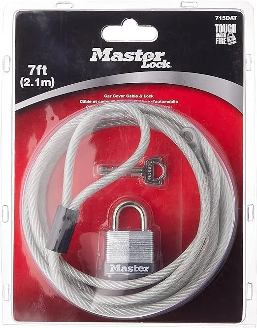 Master Lock 715DAT Braided Steel Car Cover Cable with Laminated Steel Padlock, 7 ft cable and 1-1/8 in. Wide Lock