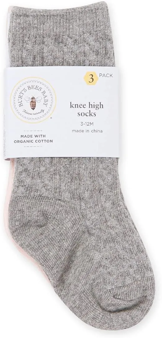 Burt's Bees Baby Baby Girls' Set of 3 Cable Knit Knee-high Organic Cotton Stockings Socks