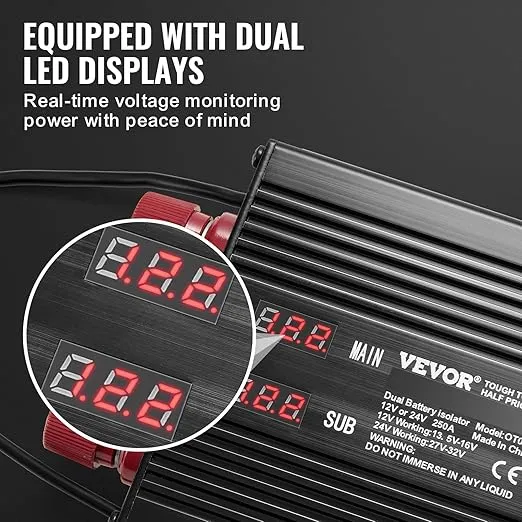 VEVOR 250 AMP Dual Battery Smart Isolator, 12V/24V, Universal VSR Voltage Sensitive Relay Battery Isolator Intelligent with LCD Screen, for Car Truck ATV RV Battery Starter Controller Power Switch