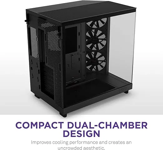 NZXT H6 Flow | CC-H61FB-01 | Compact Dual-Chamber Mid-Tower Airflow Case | Panoramic Glass Panels | High-Performance Airflow Panels | Includes 3 x 120mm Fans | Cable Management | Black