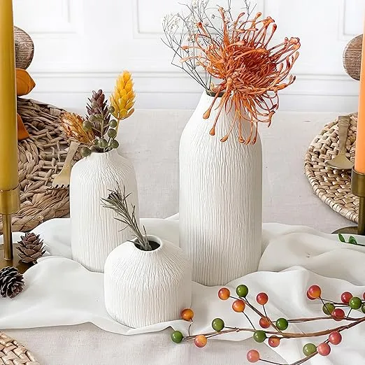Boho Ceramic White Bud Vases by Kate Aspen (Set of 3) - Boho Flower Vase for Pampas Grass, Eucalyptus, Dry Flowers & Plants | Shelf Decor, Mantle Decoration, Modern Farmhouse Decor