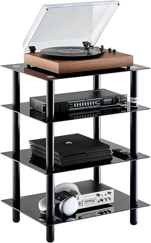 VEVOR 4-Tier AV Media Stand, Audio/Video Stand with Strengthened Tempered Glass Shevles for DVD/Cable Boxes/Games Consoles, Height Adjustable Media Storage Cabinet for Gaming/Recording Room
