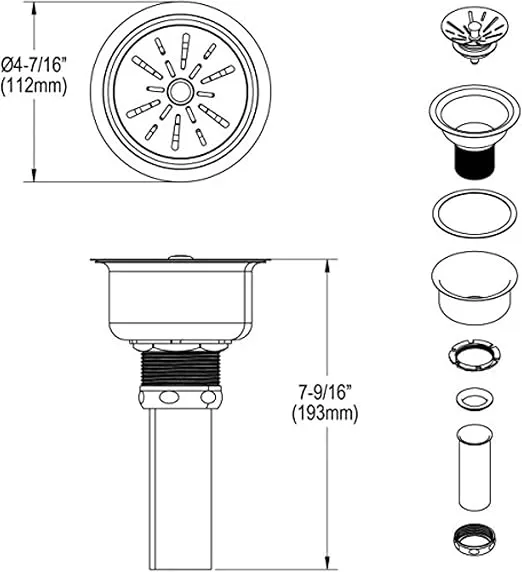 Elkay LK99 3-1/2" Deluxe Drain with Type 304 Stainless Steel Body, Strainer Basket, Rubber Seal, and Tailpiece