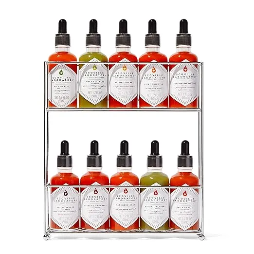 Thoughtfully Gourmet, Scoville Laboratory Hot Sauce Challenge Set, Includes Display Rack and Hot Sauces with Scoville Scale Flavors Ranging from 430-11,300, Set of 10