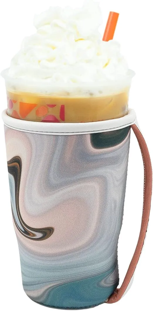 GoCuff Iced Coffee Sleeves Reusable Neoprene Insulator With Handle for Iced Coffee Cups, Cold Beverage Compatible For Soda, Latte, And Other Coffee Cups – Pink Sands Marble (Large 32oz)