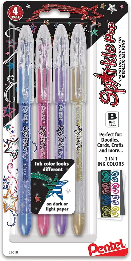 Pentel Sparkle Pop Metallic Gel Pen, (1.0mm) Bold Line, Assorted Colors, 4-Pack, Bold (K91BP4M1)