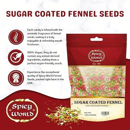 Spicy World Sugar Coated Fennel Seeds | Sweet Saunf Candy for Mouth Freshening - 14 Oz (400g) Pack | Premium Quality Fennel Mouth Freshener | Indian After Meal Digestive Treat