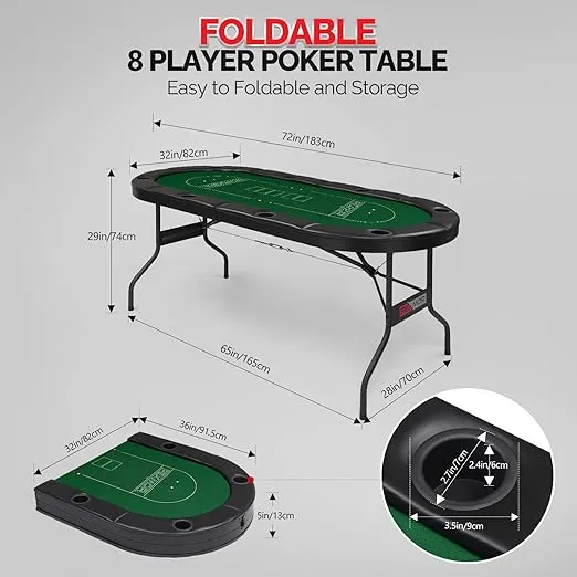 PEXMOR 8 Player Foldable Poker Table, Folding Texas Holdem Blackjack Casino Game Table w/Deeper Stainless Steel Cup Holders| Casino-Grade Felt| Water-Resistant Cushioned Rail, Fully Assembled