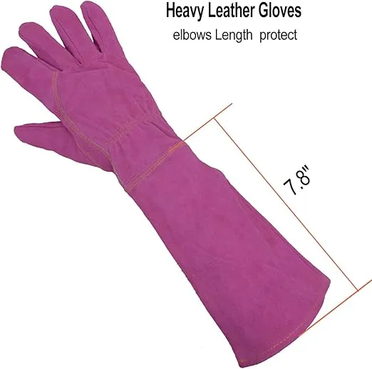 HANDLANDY Ladies Thorn Proof Gardening Gloves, Long Gauntlet Heavy Duty Garden Gloves, Elbow Length Women Leather Rose Pruning Gloves (Large, Rosy)