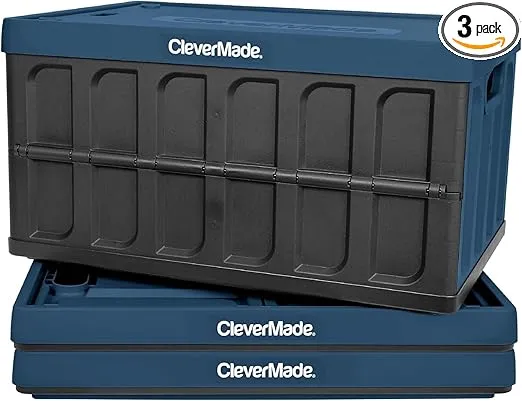 CleverMade Collapsible Storage Bin (With Lid), Ocean, 3PK - 46L (12 Gal) Folding Plastic Stackable Utility Crates, Holds 75lbs Per Bin - Solid Wall CleverCrates for Organizing, Storage, Moving