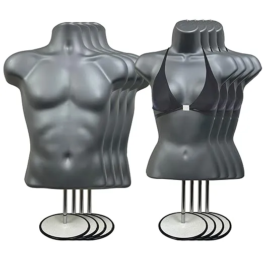 DisplayTown Gray Male + Female Mannequin Hollow Back Body Torso Set w/ Metal Stand and Metal Pole & Hanging Hook, S-M Sizes (Set of 4)