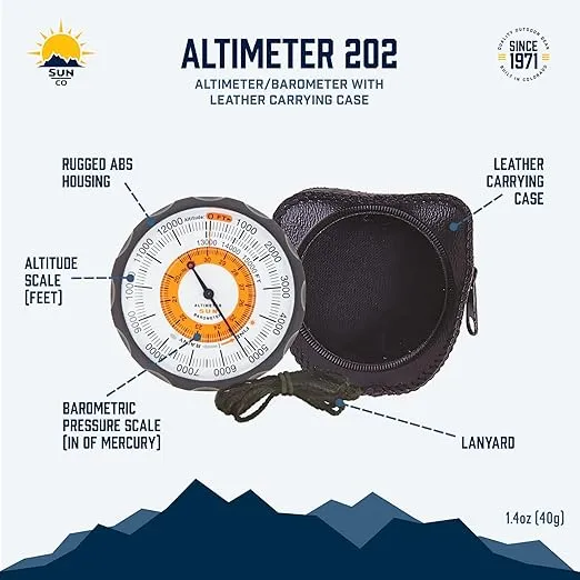 Sun Company Altimeter 202 - Battery-Free Altimeter and Barometer | Weather-Trend Indicator with Soft Leather Case | Reads Altitude from 0 to 15,000 Feet
