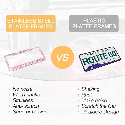 Bling Car License Plate Frame, Handcrafted Crystal Stainless Steel, Sparkly, Durable, Universal Fit, Car Accessories for Girls, Women (Pink)