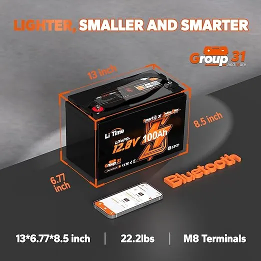 LiTime 4 Pack 12V 100Ah Trolling Motors Lithium Battery, Group 31 Bluetooth LiFePO4 Battery | Low-Temp Protection | 100A BMS | Bluetooth 5.0 | Perfect for Marine, Boat, RV, Home Energy Storage