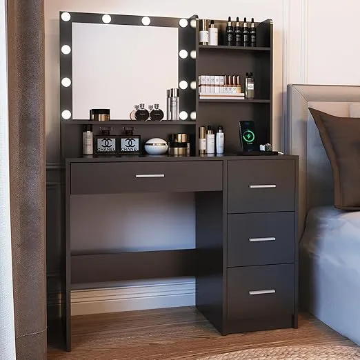 Makeup Vanity Desk with Lighted Mirror and Charging Station, Makeup Table with 4 Drawers & Storage Shelves, Vanity Desk 3 Color Modes Available, Bedroom Dressing Table for Women, girls (Black)