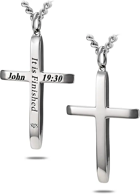 Shields of Strength Tapered Cross Necklace Gold Plated or Stainless Steel John 19:30 Christian Bible Verse Pendant with Matching Chain - Jewelry Gift