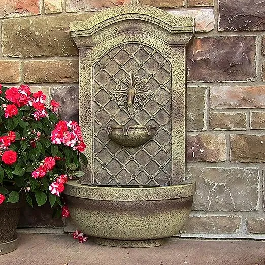 Sunnydaze Rosette Leaf 31-Inch Polystone Outdoor Wall Water Fountain - Electric Submersible Pump - Florentine Stone Finish