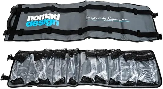Nomad Design Lure Roll - Large & Medium Sizes with 10 and 6 Pockets Respectively, Portable Waterproof Tarpaulin Fish Lure Bag - Heavy Duty PVC Window, Mesh Cleaning & Drying Tabs