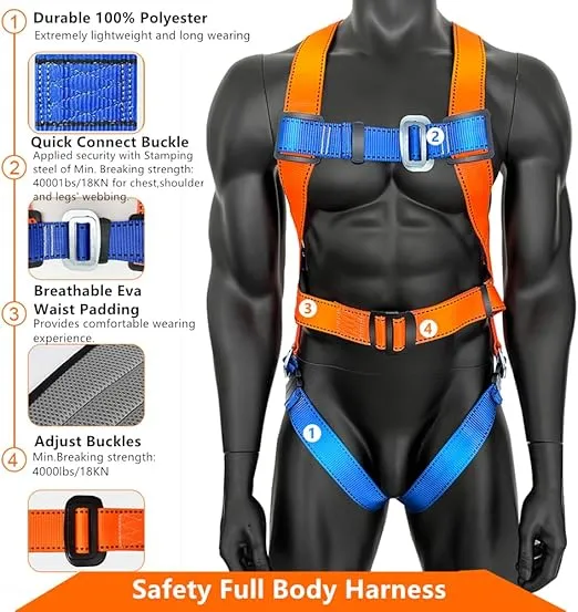 GLOROUSCHU Full Body Safety Harness Tool Fall Protection,OSHA/ANSI Compliant,ASTM F1774certified | INTERNAL Shock Absorbing Lanyard(Orange)