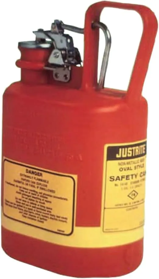 Justrite 14160 1 Gallon, 4 5/8" x 7 5/8" x 12 3/4" Size Type I Red Oval Polyethylene Safety Can with Stainless Steel Hard