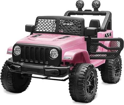 Kidzone Ride On Truck 12V Battery Powered Electric Kids Car Vehicle Toy with DIY License Plate, 4 Wheeler Quad, Parent Remote Control, MP3, High Low Speeds, LED Lights - Pink