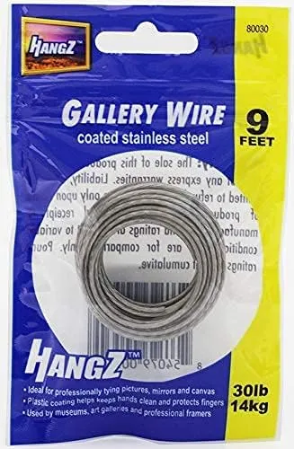 30lb 9ft Gallery Picture Wire, 2mm Thick Coated Stainless, Great for Hanging Pictures, Mirrors, Canvas, Plastic Coating Protects Your Fingers. Color Bag